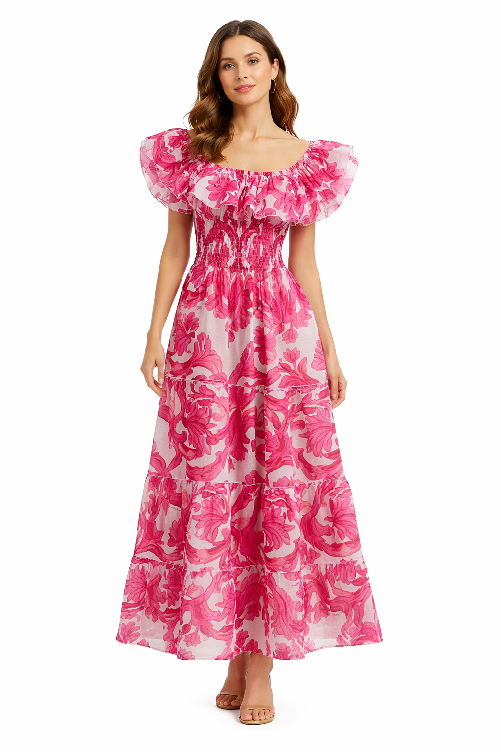 Double Ruffle Dress in Pink Paint Print Linen