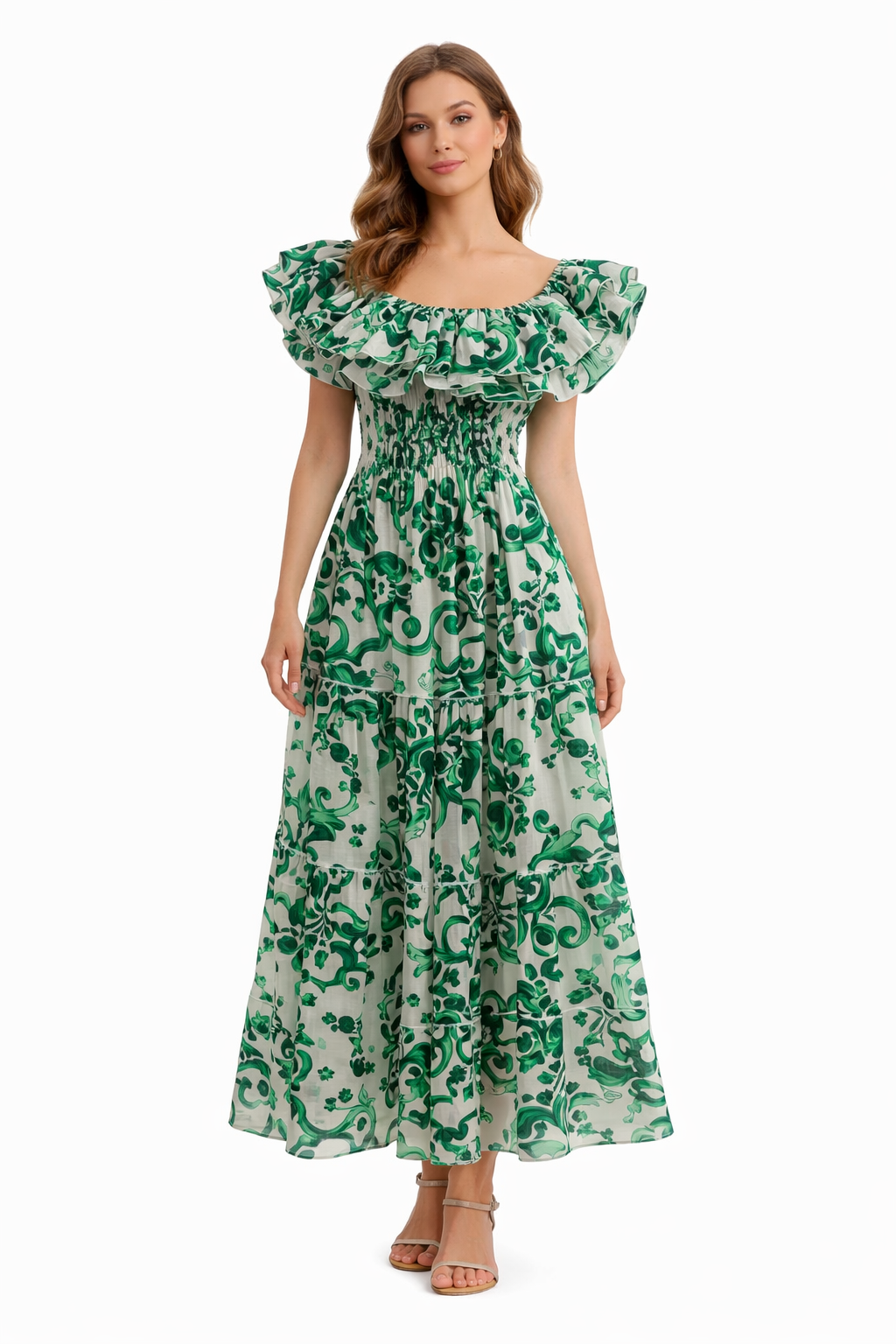 Double Ruffle Linen Dress in Ravello Green Print