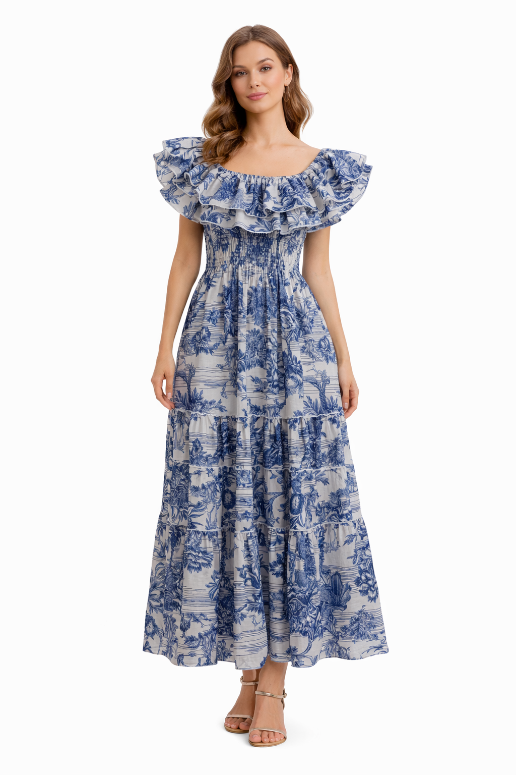 Adoro Blue Print Linen Double Flounce Dress