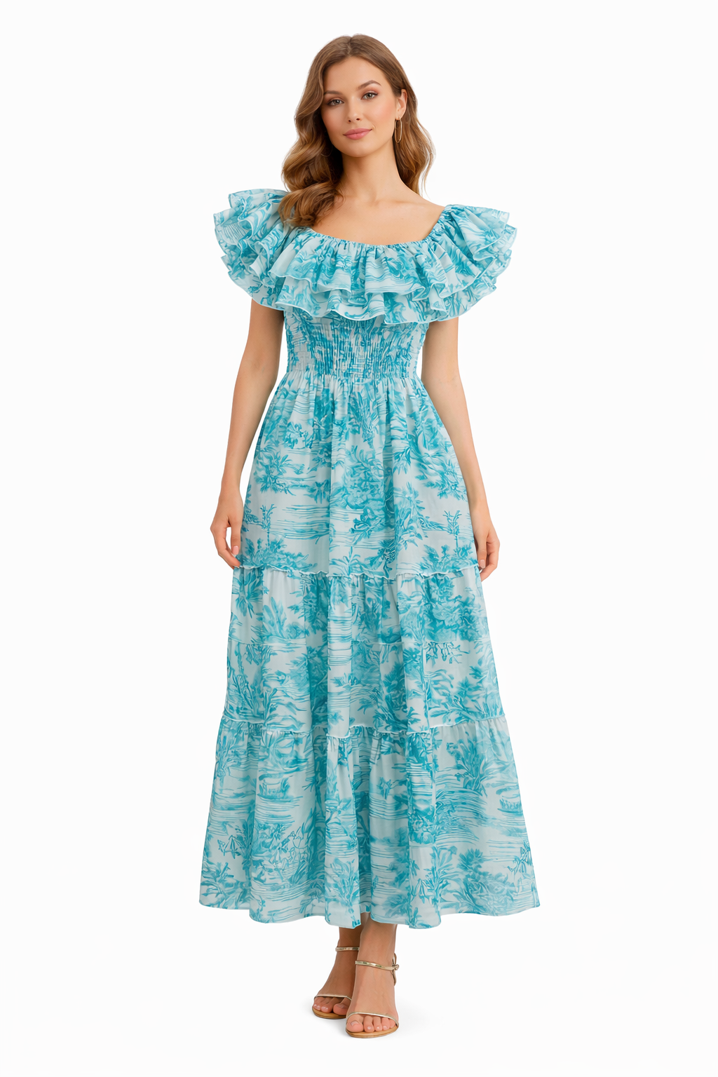 Adoro Tiffany Print Linen Double Ruffle Dress