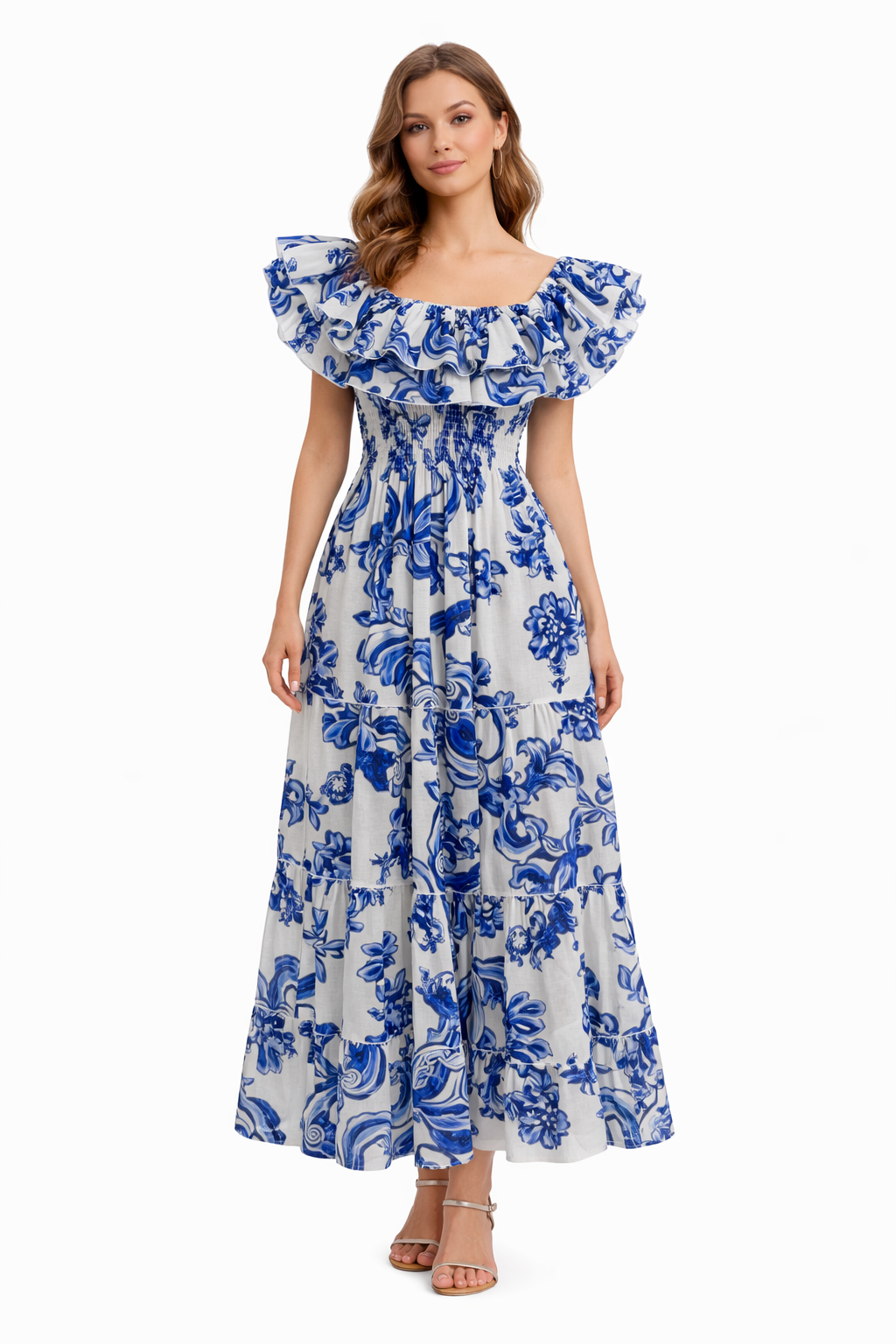 Double Ruffle Linen Dress with Frame Print