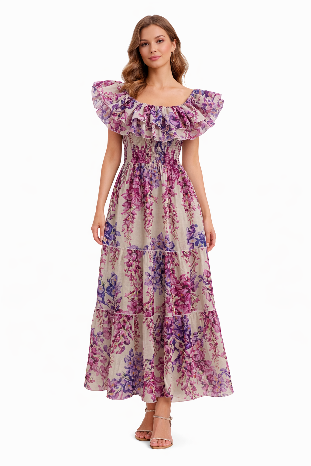 Double Ruffle Linen Dress in Wisteria Print