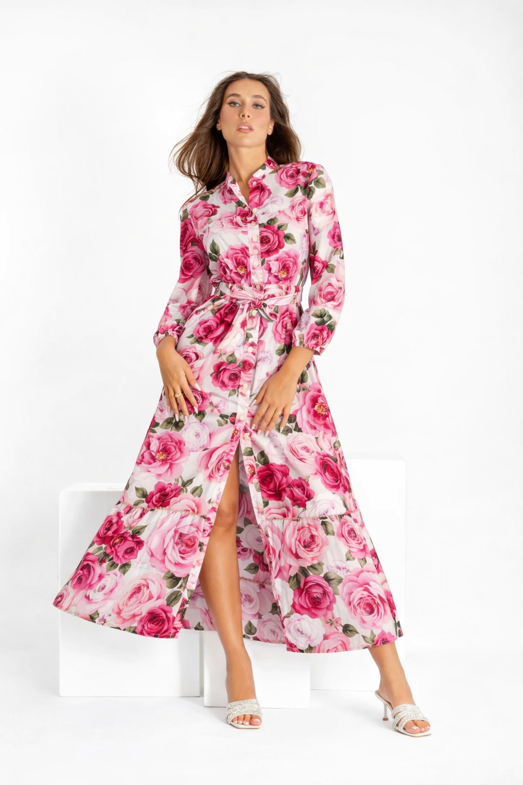 Abito Nerea in lino stampa rose