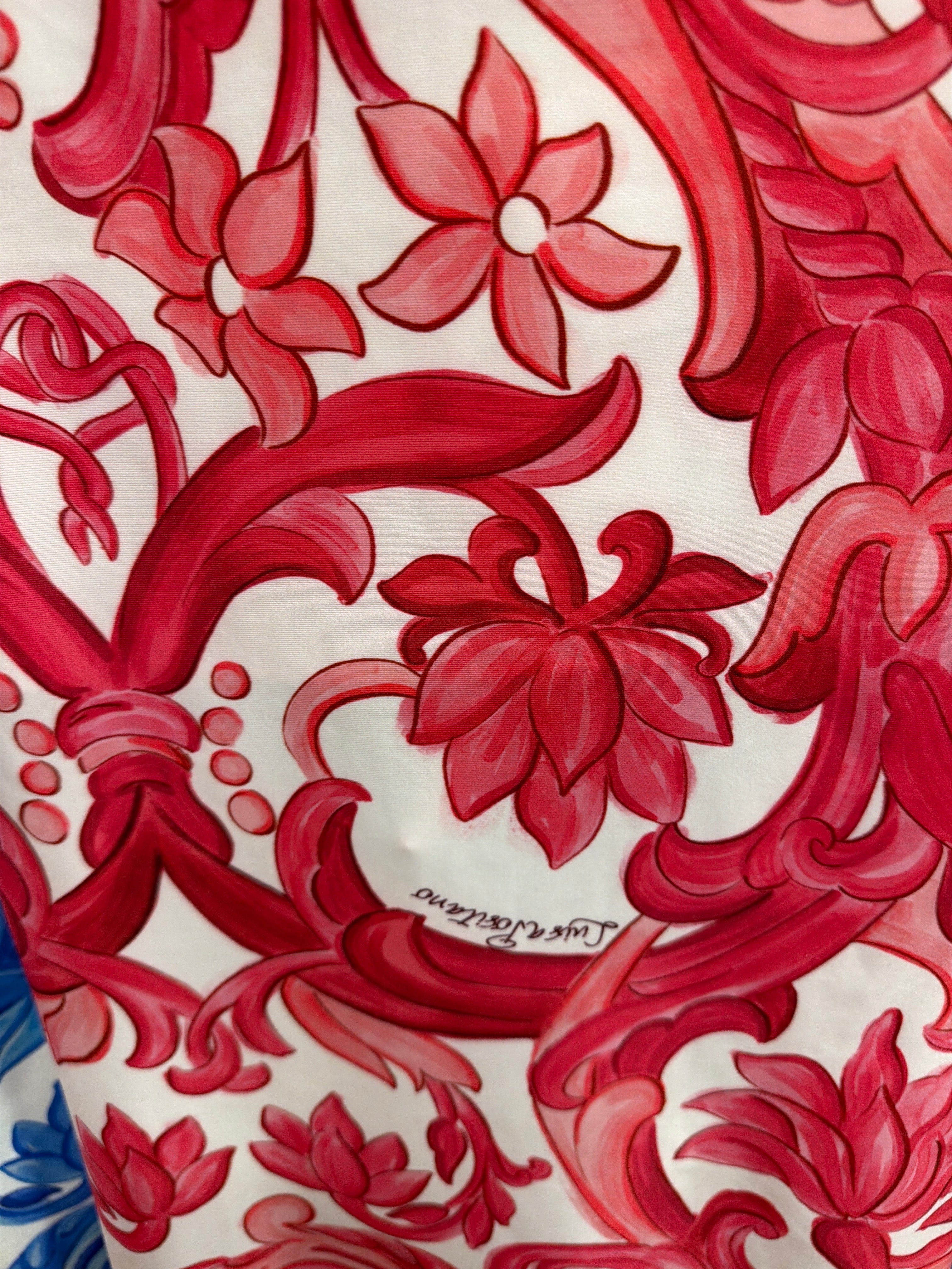 Completo top fiocco e mini gonna in lino stampa pittura rosa