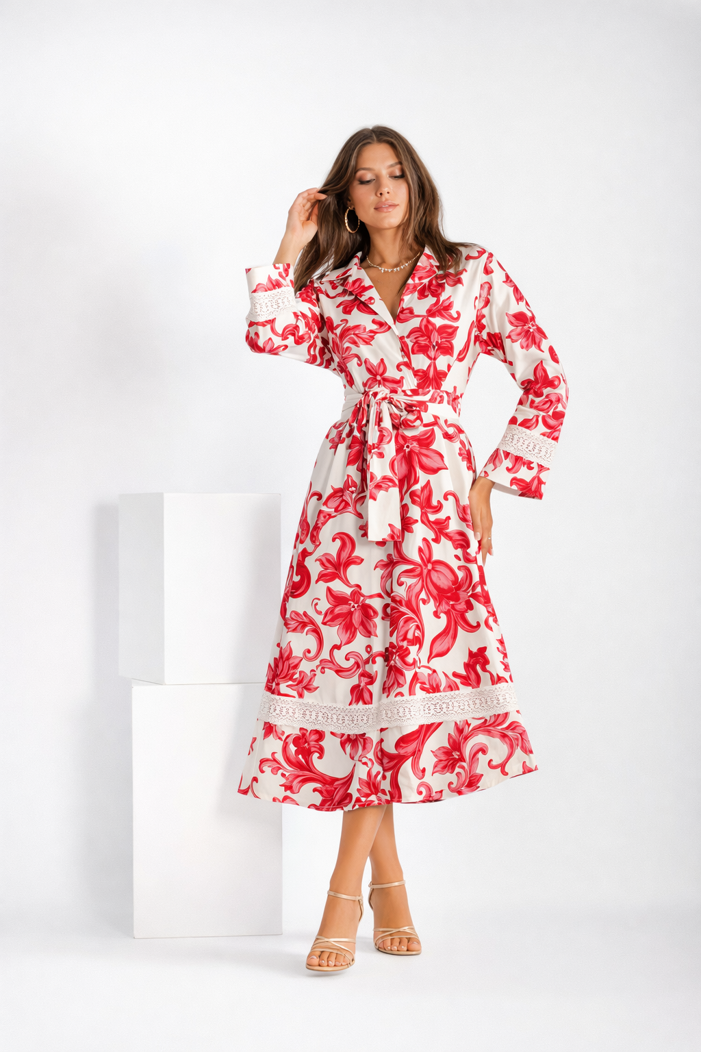 Abito Asal merletti in lino stampa pittura rosa