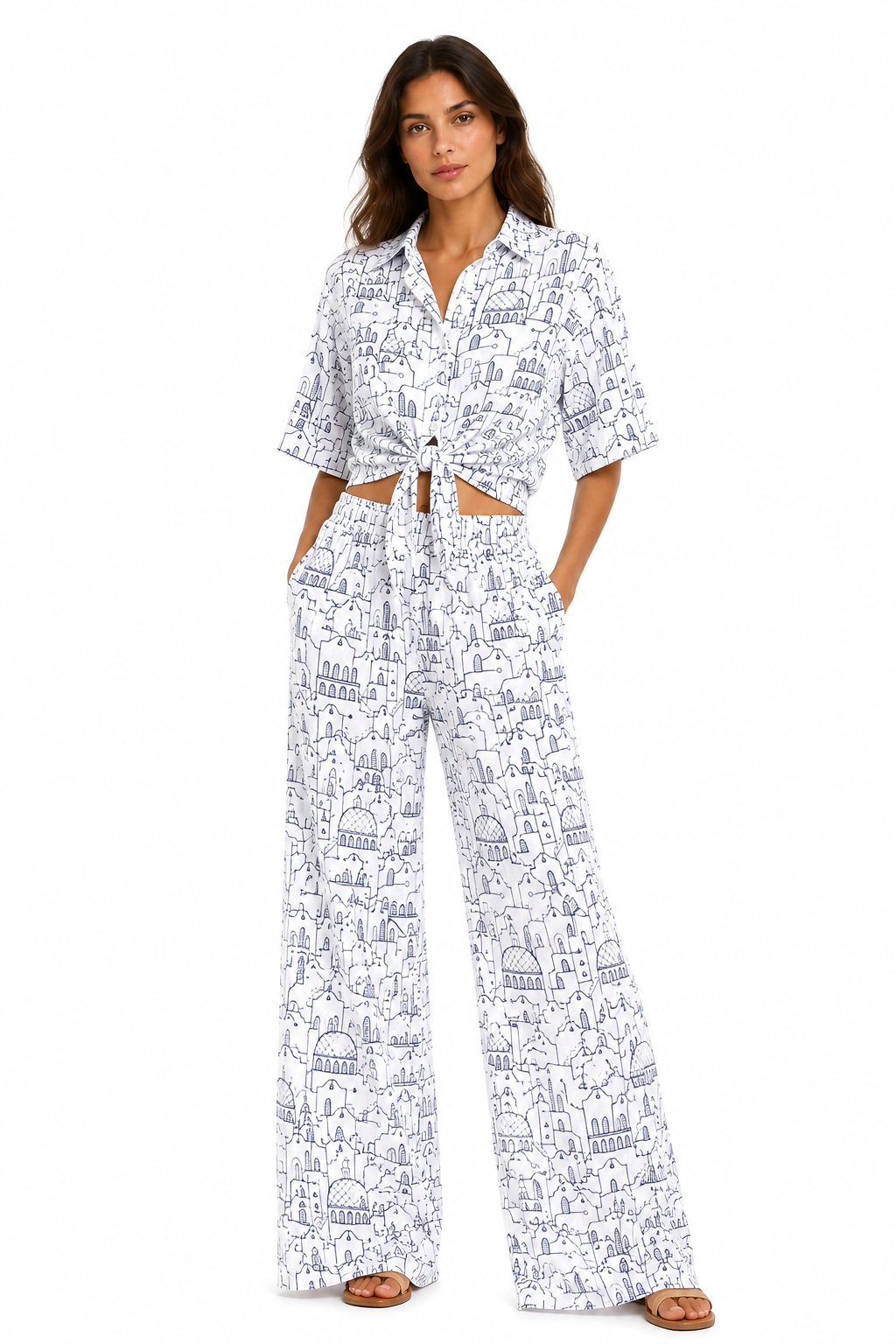 Coordinato top e a pantaloni in lino bianco con ricamo Positano blu