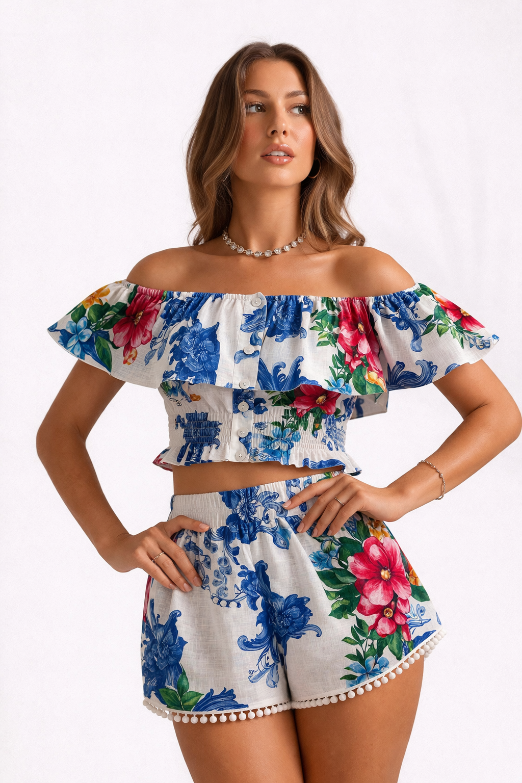 Coordinato top volant e short Mimi in lino stampa arte