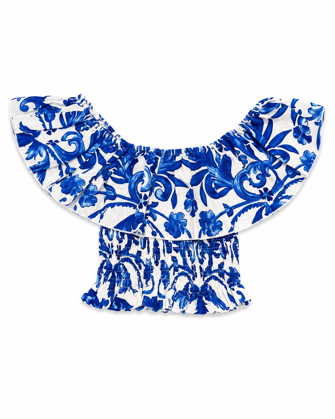 Top Volant in lino stampa Ramo blu