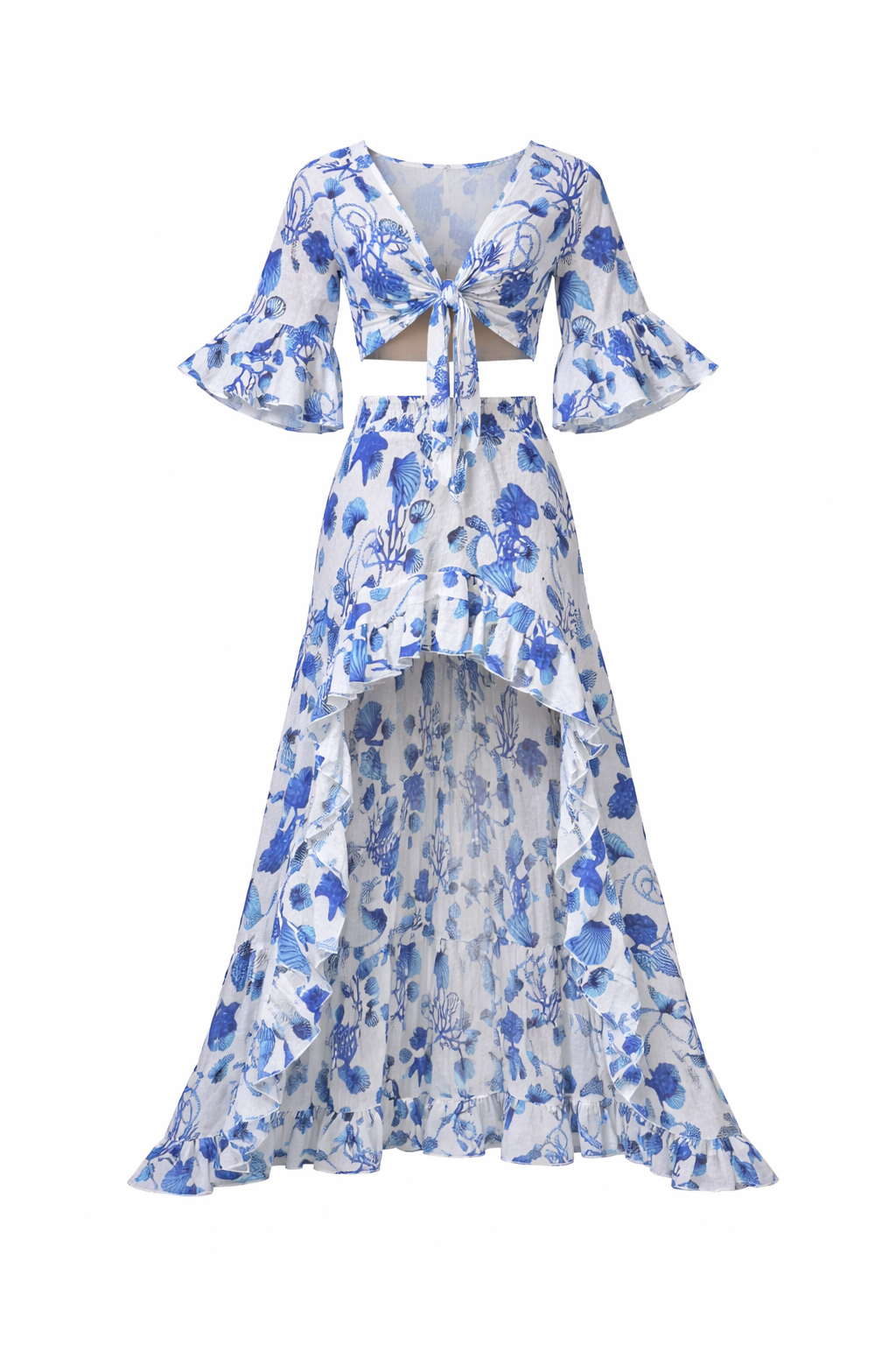 Coordinato top Orione e gonna Barcellona in lino stampa coralli