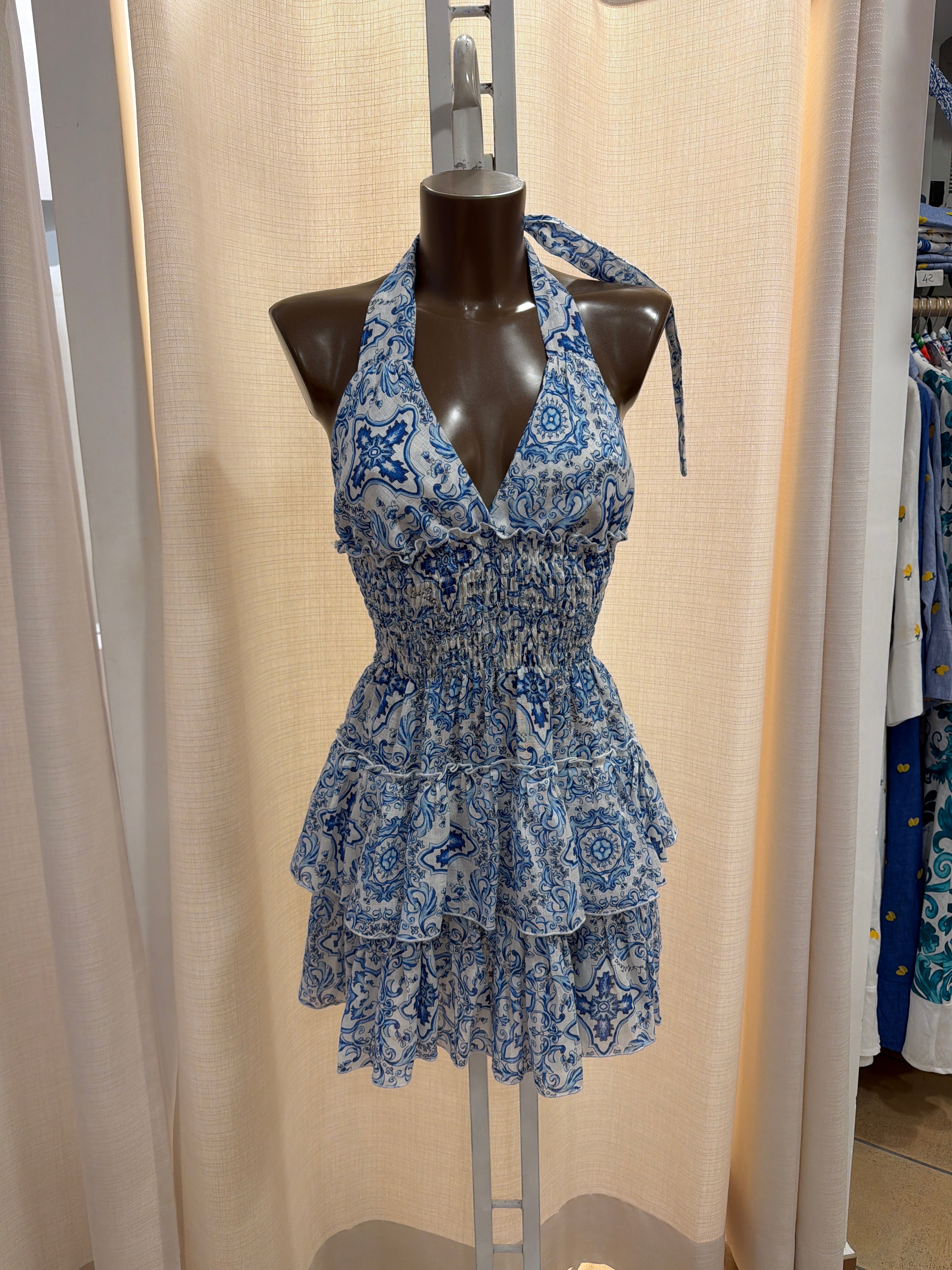 Abito Melon in lino stampa maiolica azzurra