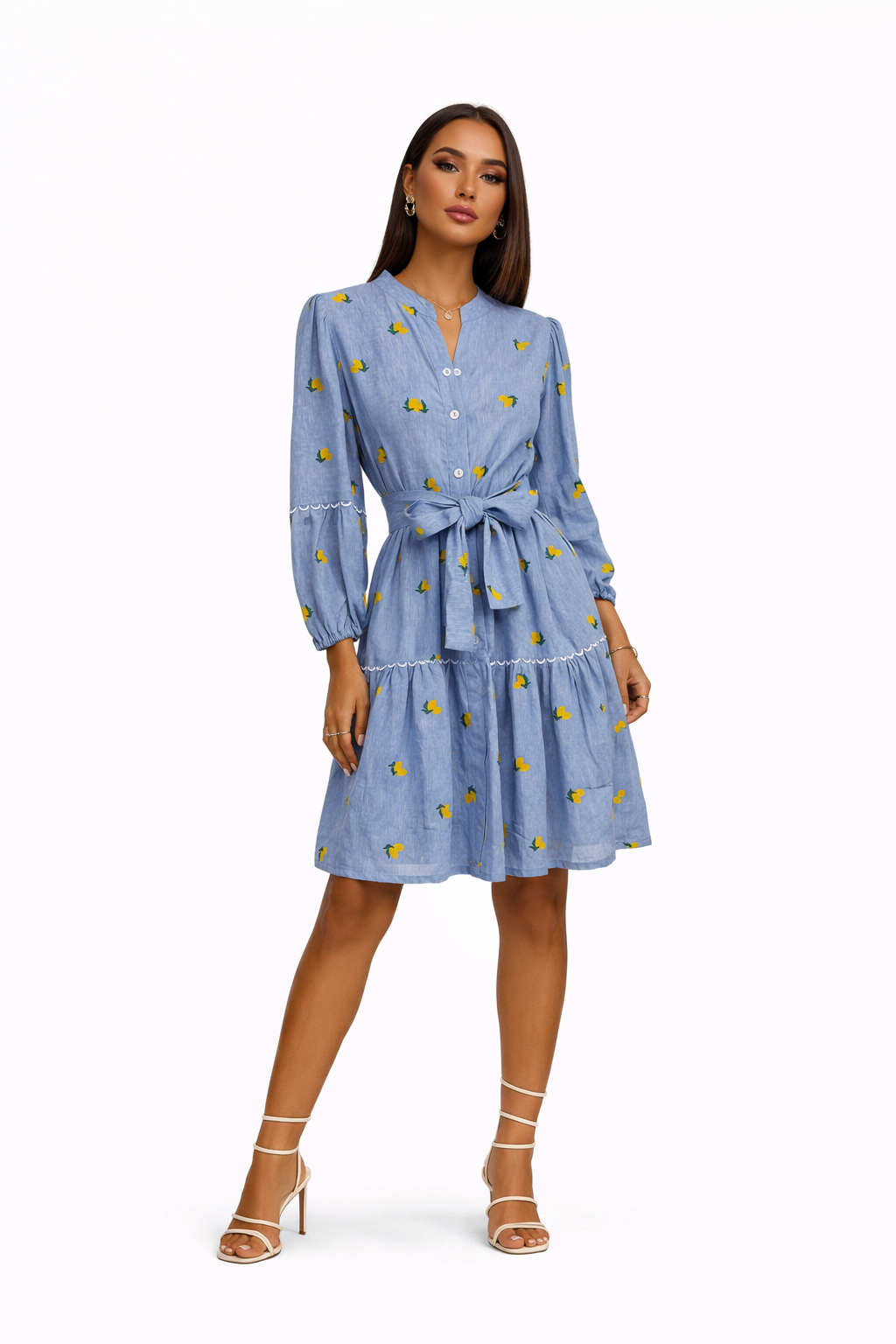 Abito midi in lino jeans limoni ricamo cn cintura e tasche