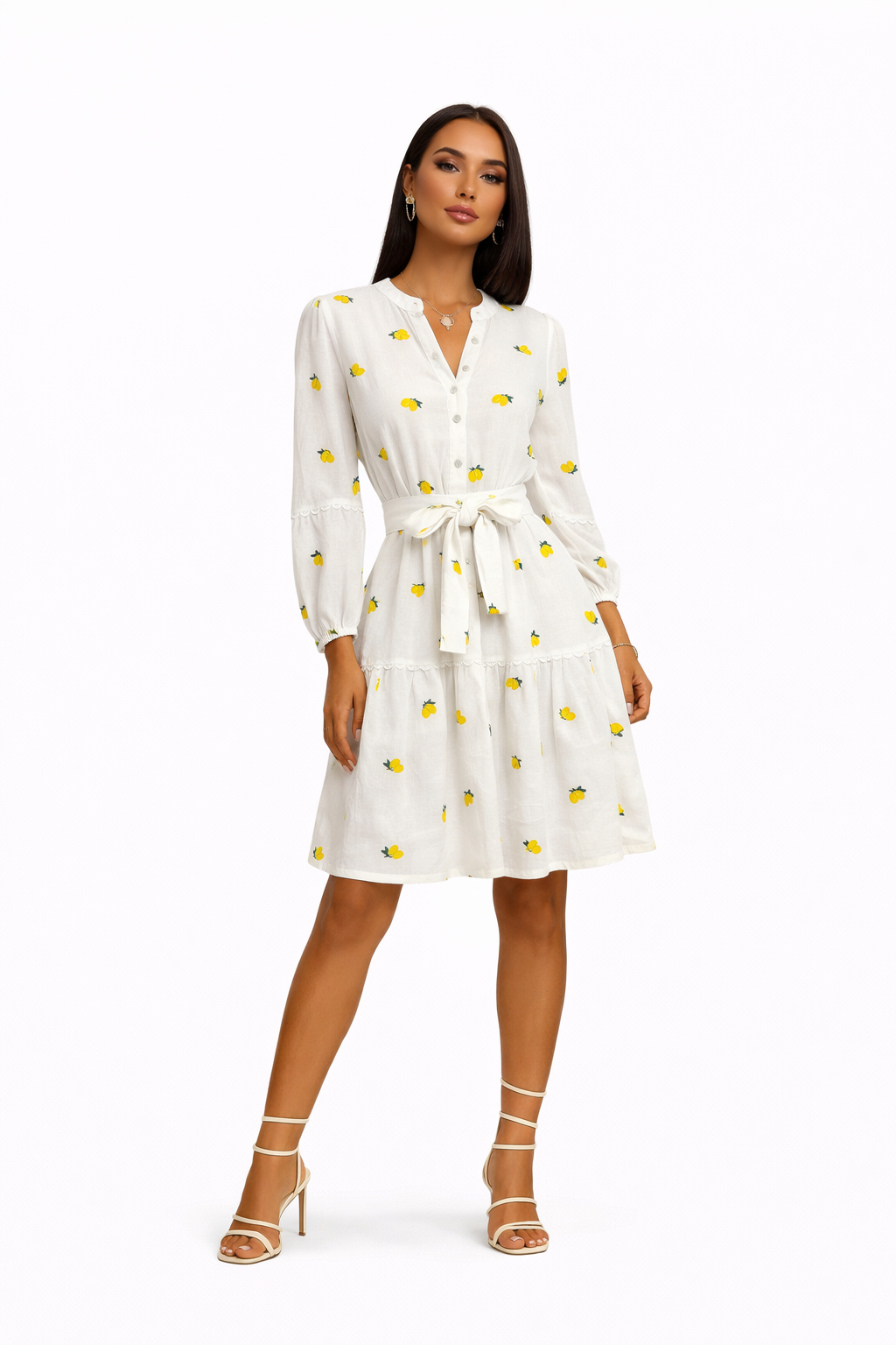 Abito midi bianco in lino limoni ricamo cintura tasche