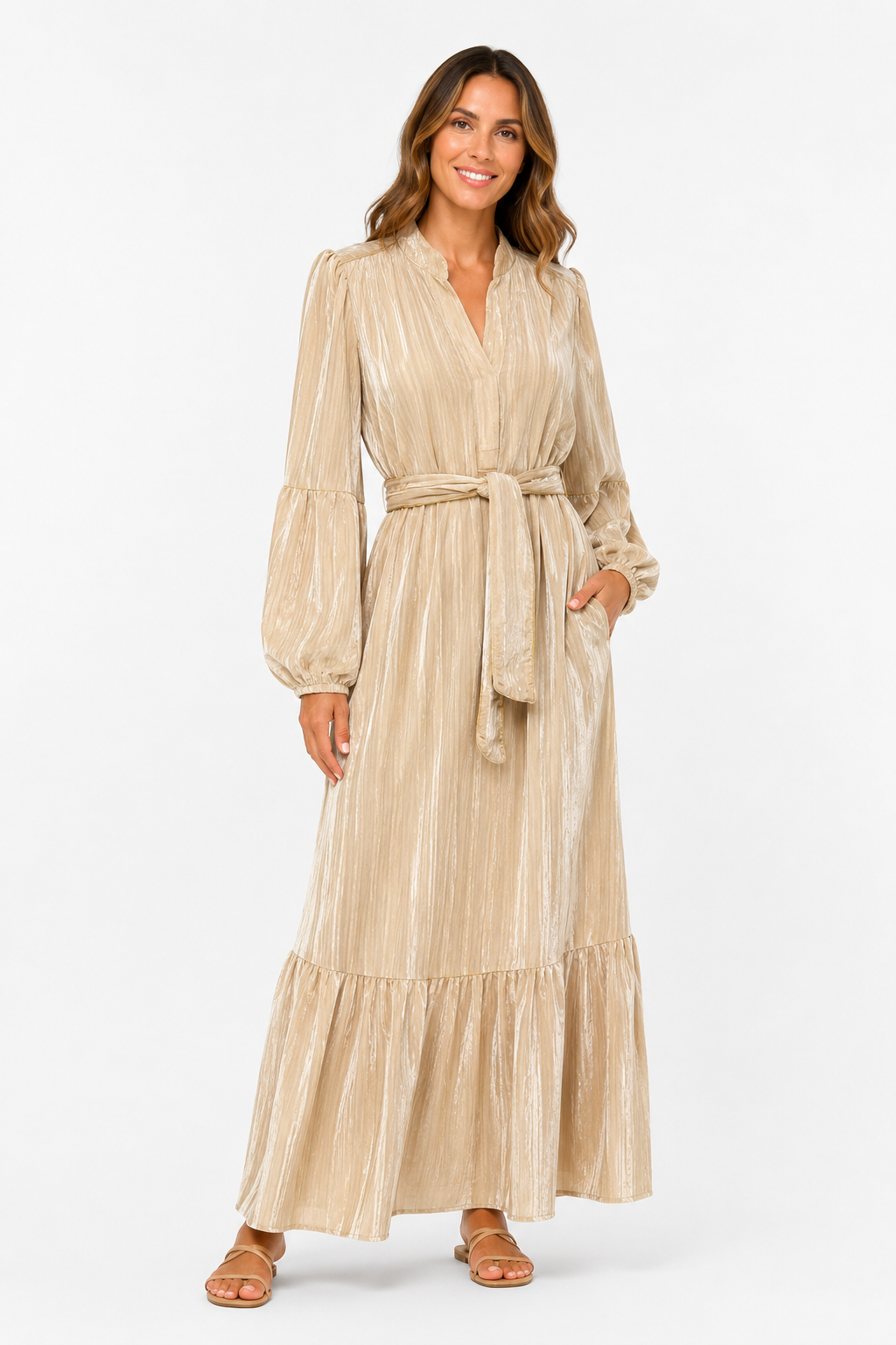 Abito Nerea in velluto beige con cintura e rifiniture oro taglia M/L