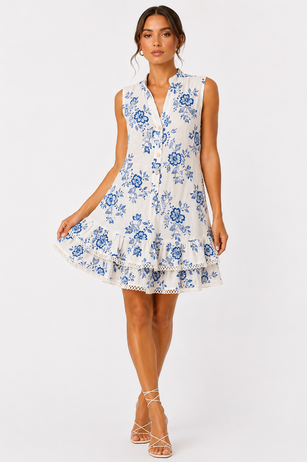 Abito Love in lino ricamo fiori blu taglia S/M