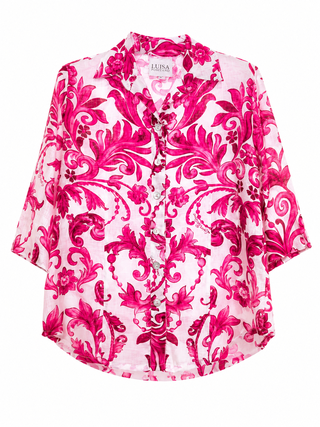 Camicia Nara in lino stampa Ramo rosa
