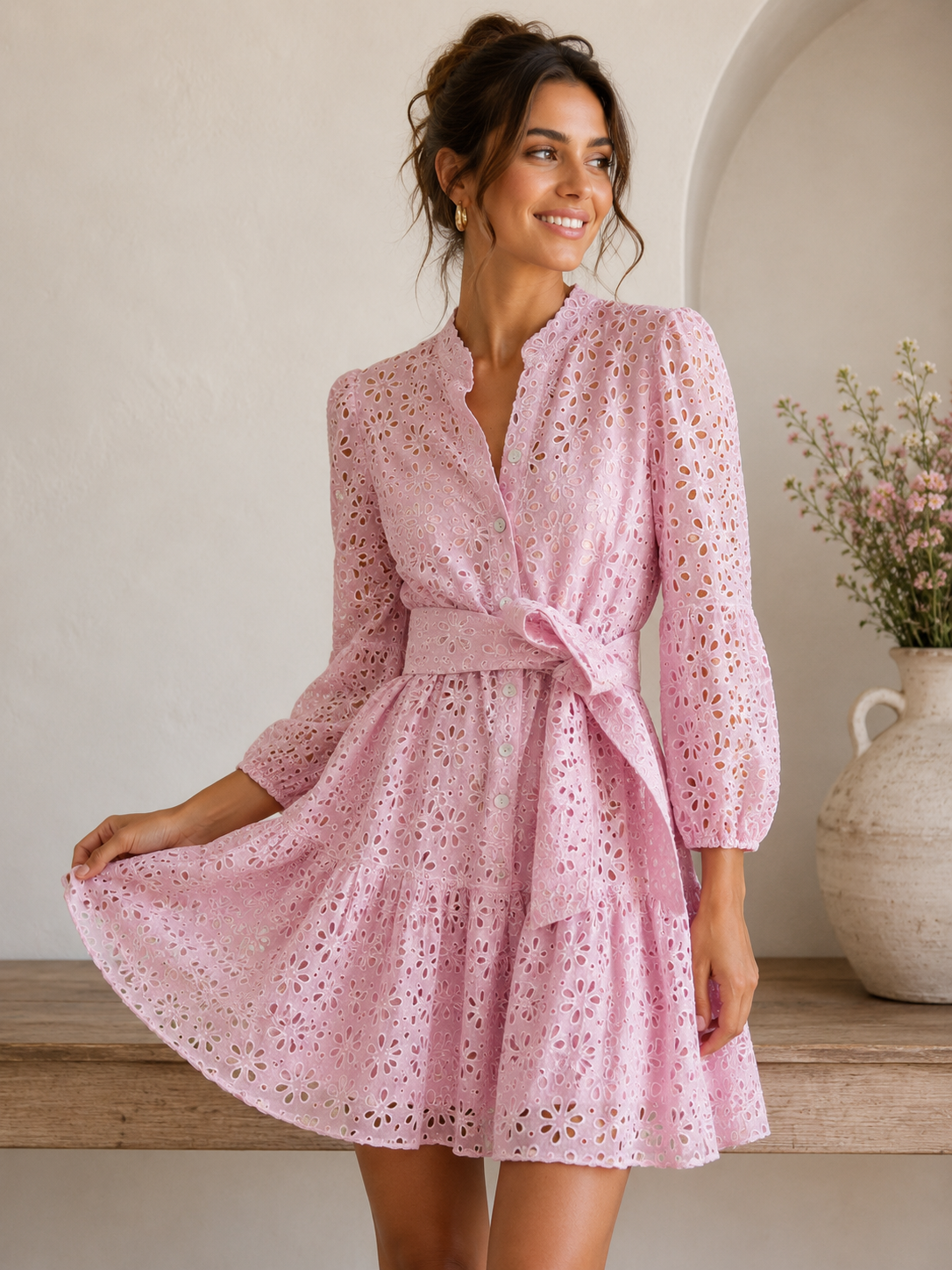 Abito Monaco corto in lino pizzo sangallo rosa taglia m/l
