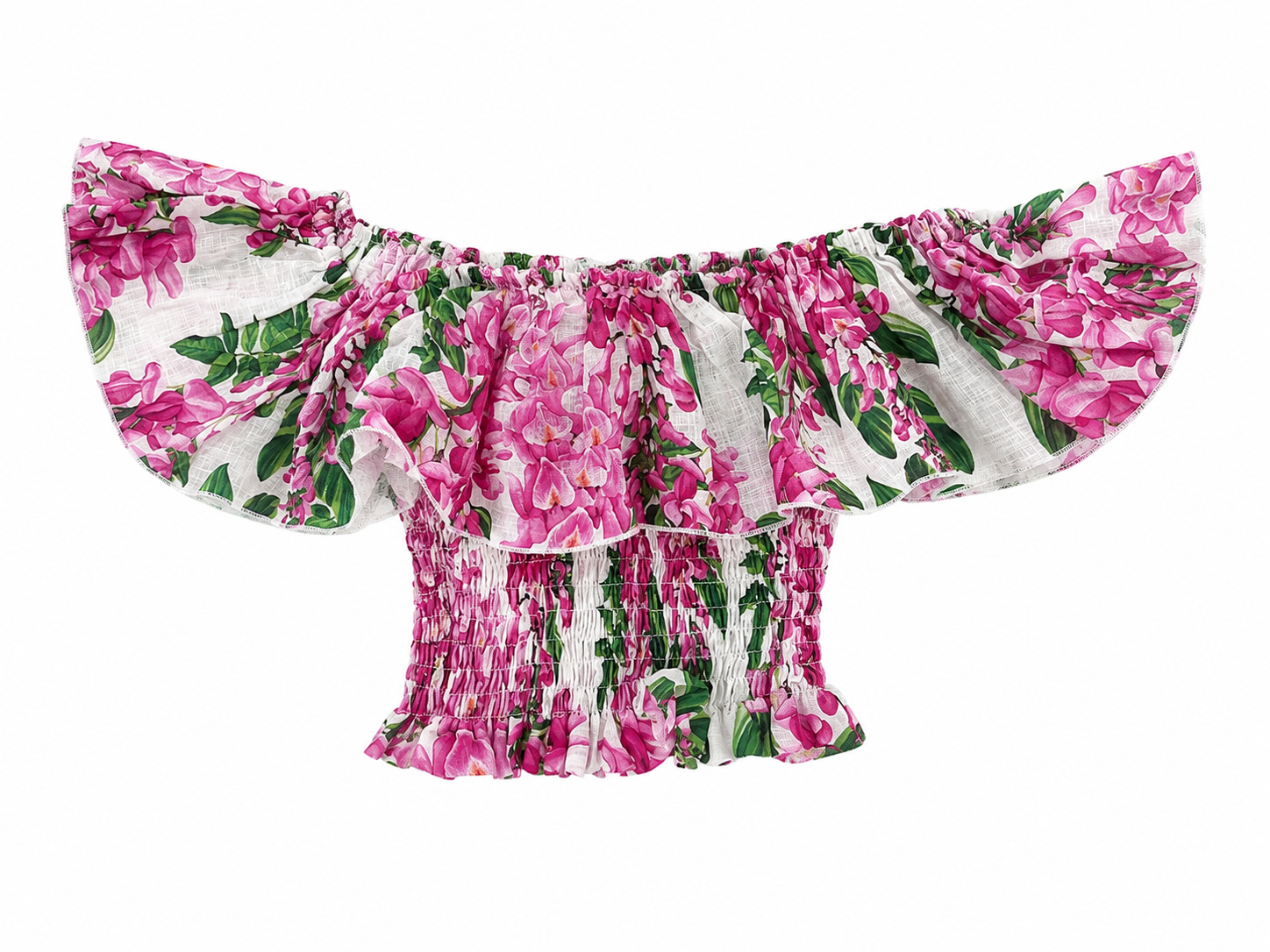 Top Volant in lino stampa glicine rosa