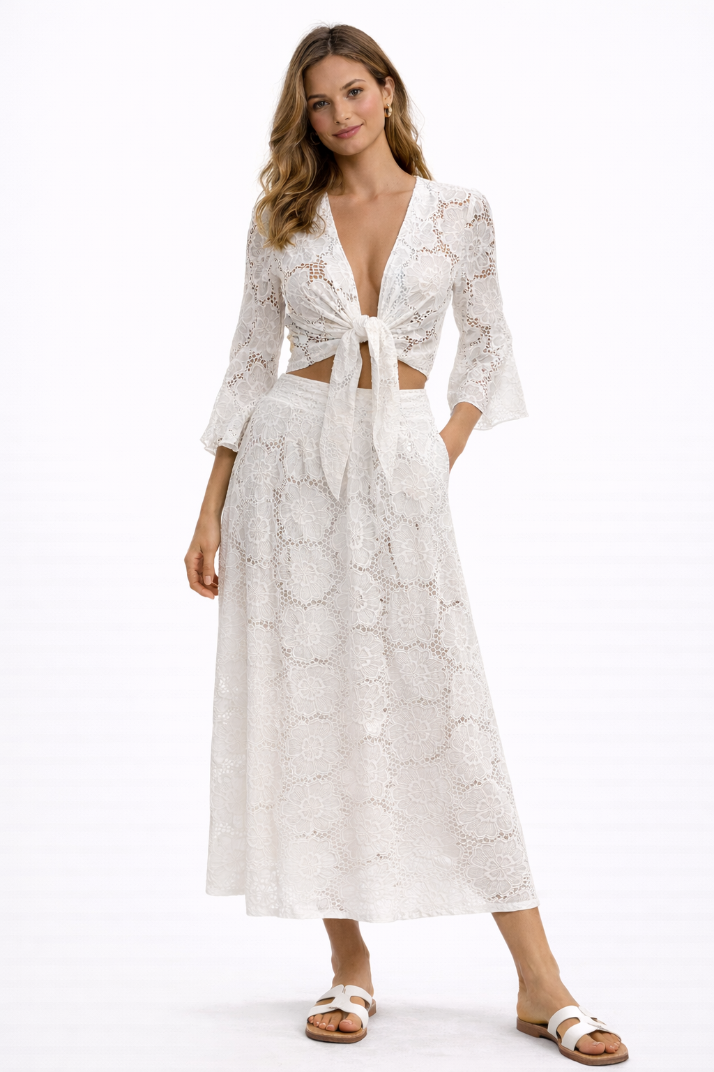 Coordinato in pizzo sangallo bianco top Orione e gonna