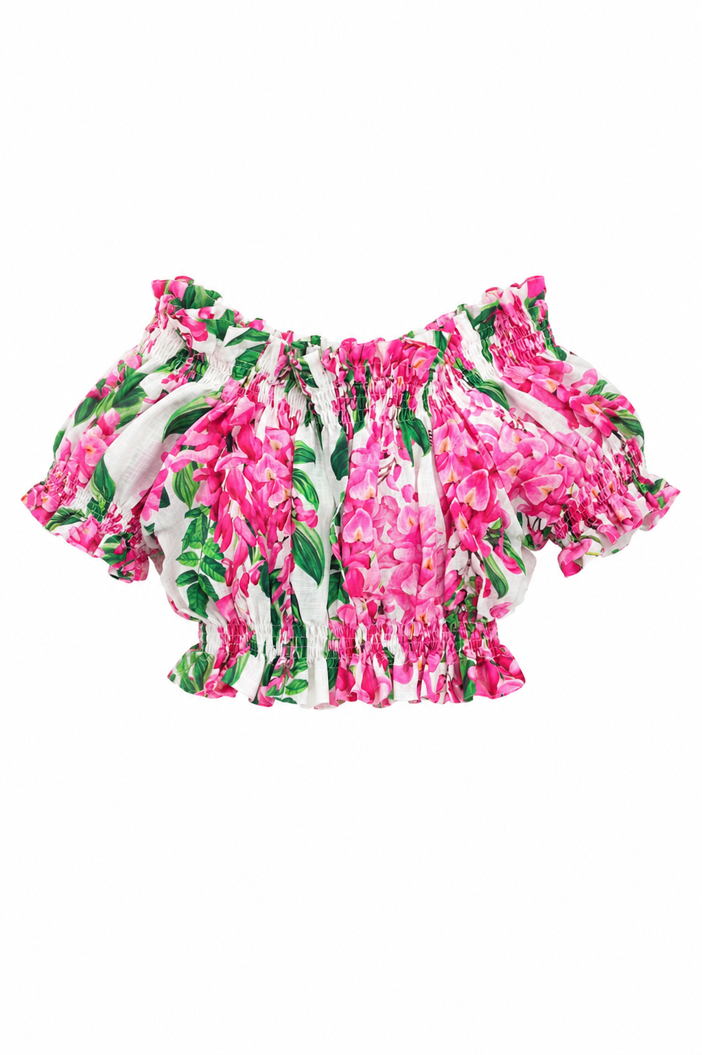 Top fiocco in lino stampa glicine fuxia