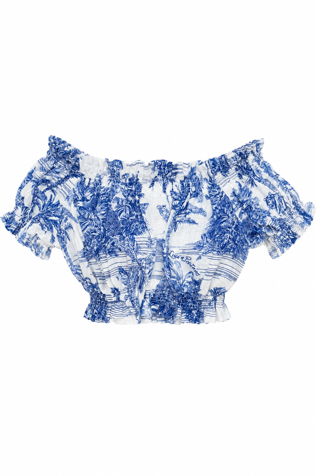 Top fiocco in lino stampa Adoro blu