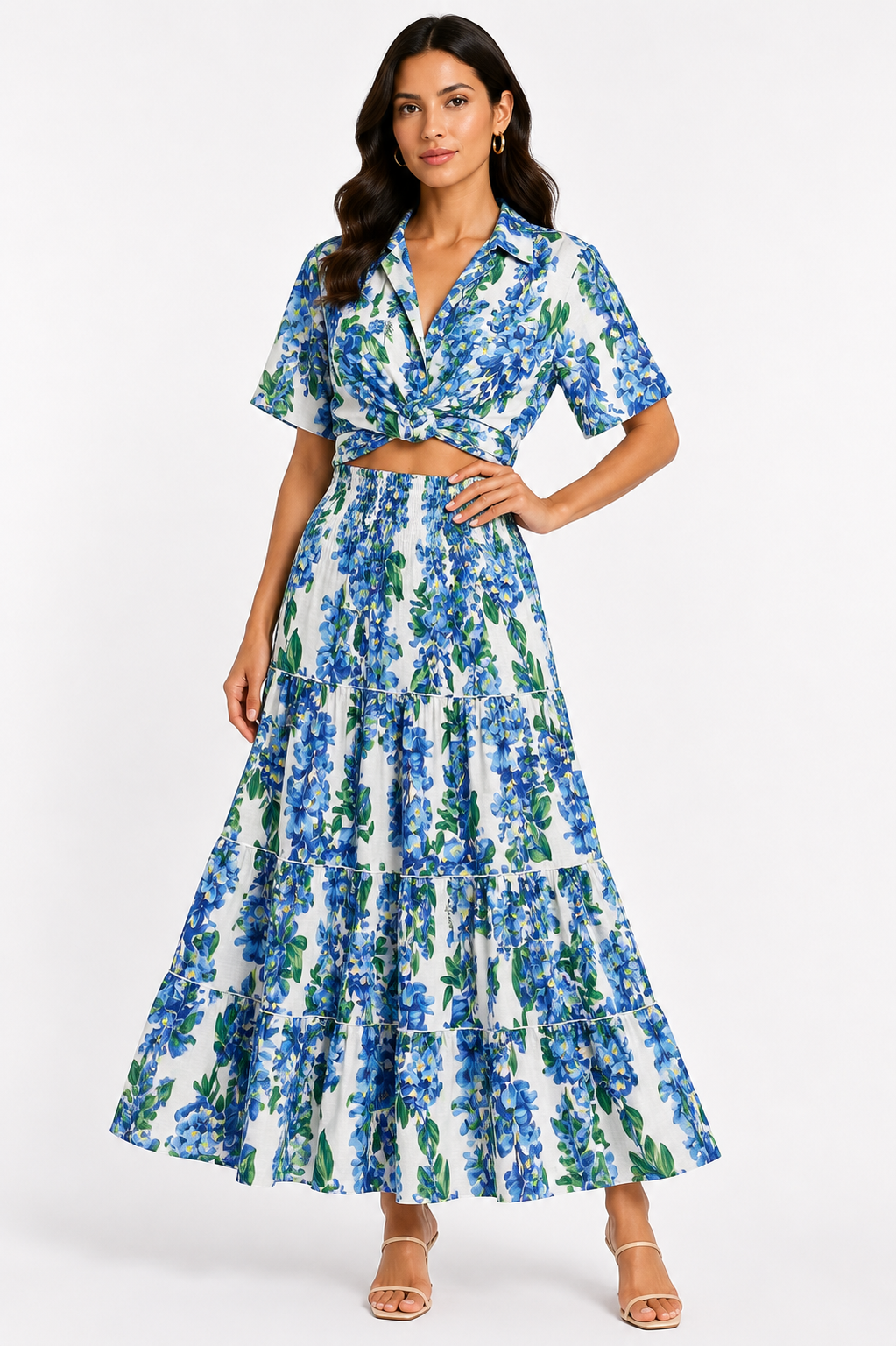 Coordinato top Bali e gonna hedy in lino stampa glicine azzurro taglia unica