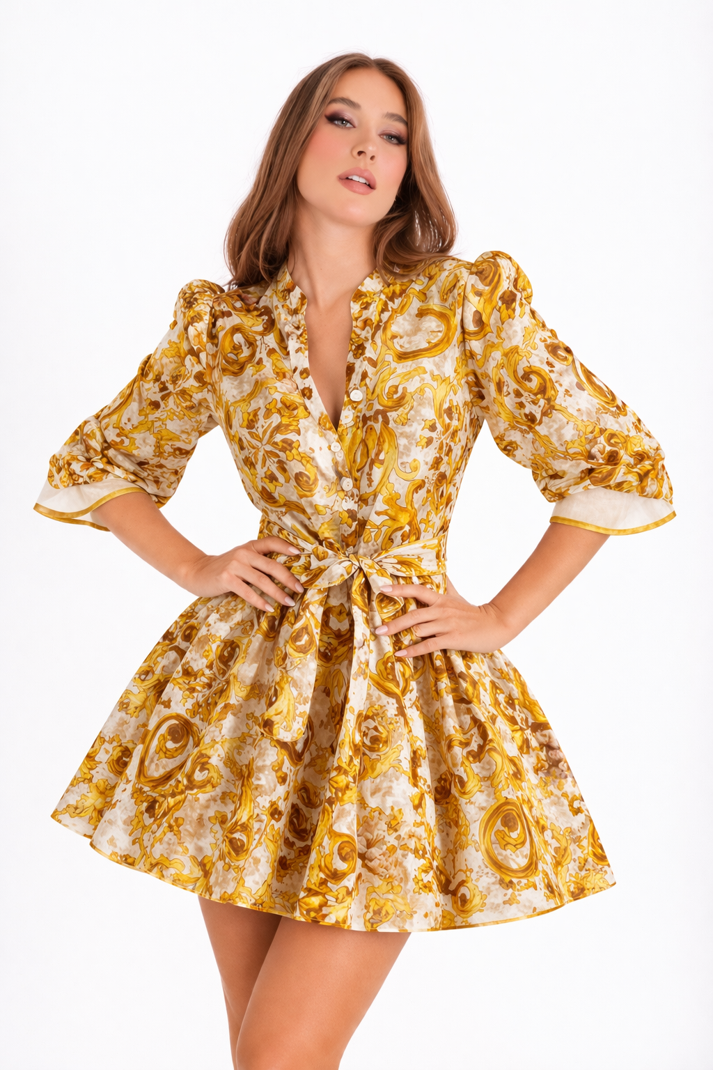 Ravello yellow print short linen Monaco dress