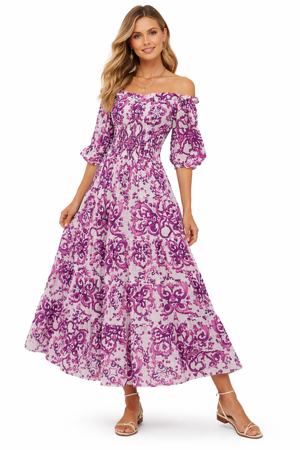 Zoe long linen dress in Ravello purple print