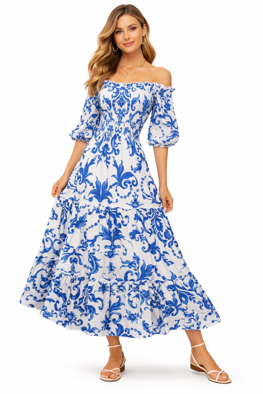 Abiti Zoe lungo in lino stampa ramo blu