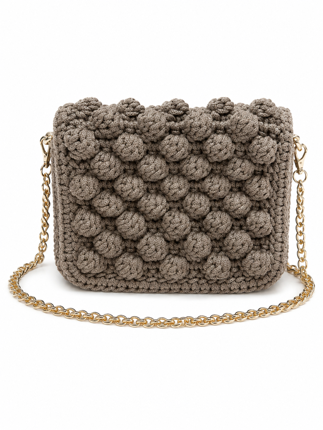 Borsa uncinetto fatta a mano con catena a tracolla e fodera colore tortora