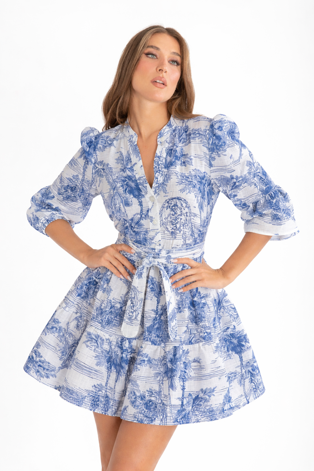 Short Monaco linen dress with "adoro" blue print
