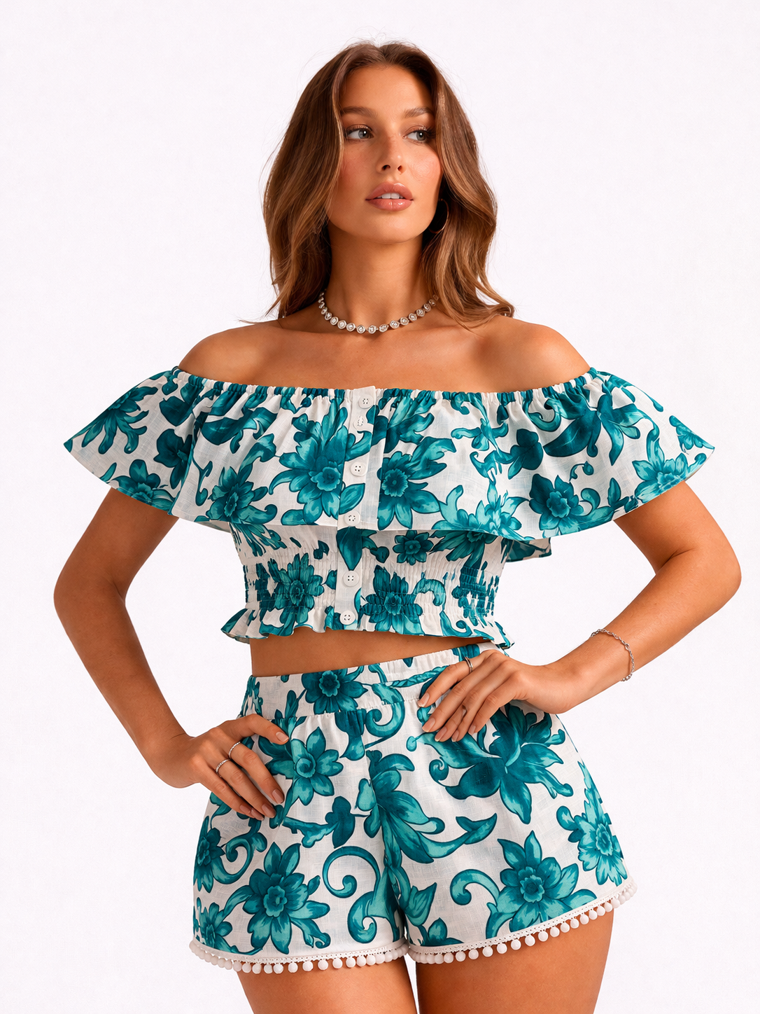 Green Branch print linen shorts