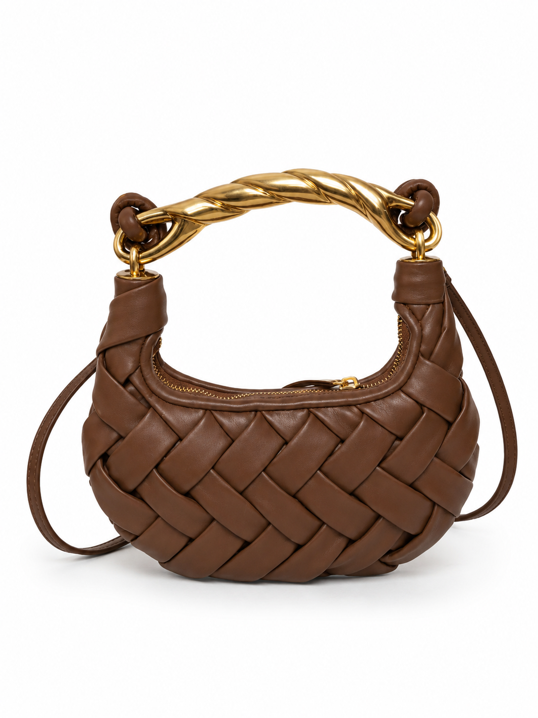 Borsa pelle intrecciata cognac manico oro e tracolla con zip