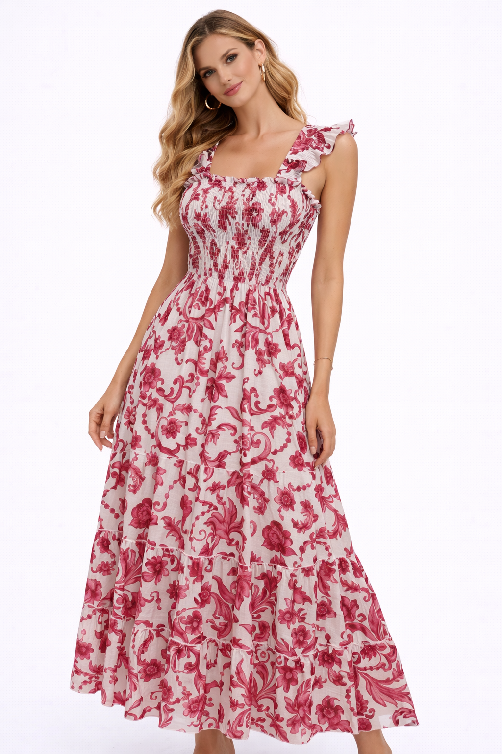 Langes Leinenkleid Tori mit Trägern und Aufdruck „Ramo rosa“