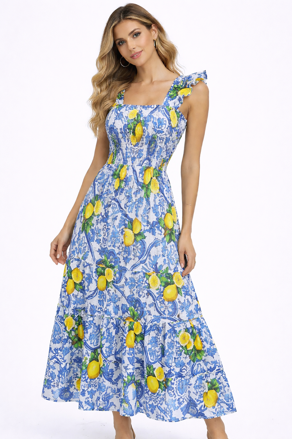 Neues langes Tori-Kleid aus Leinen mit Zitronenmuster und Spaghettiträgern