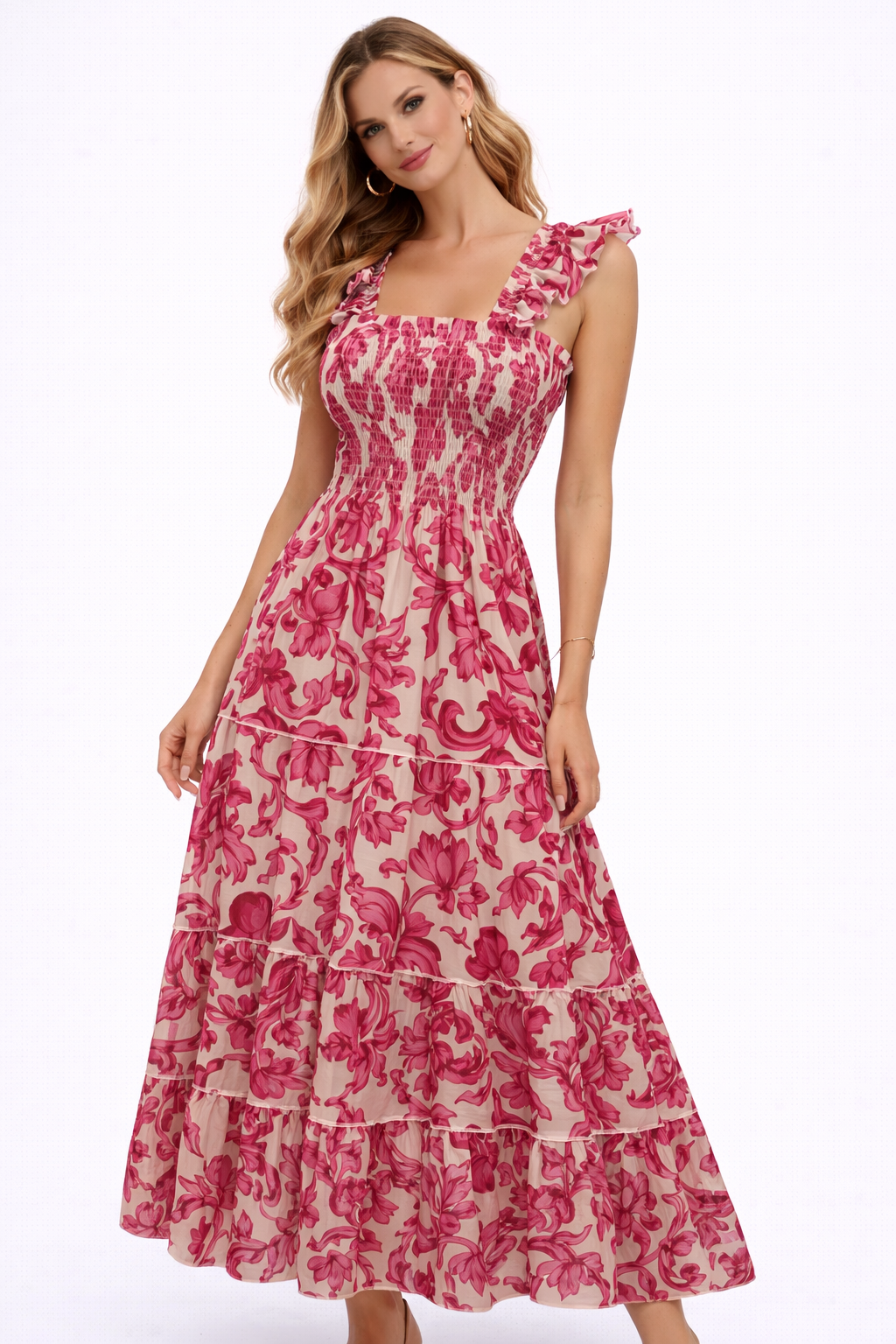 Tori langes Trägerkleid aus Leinen mit rosa Gemäldedruck