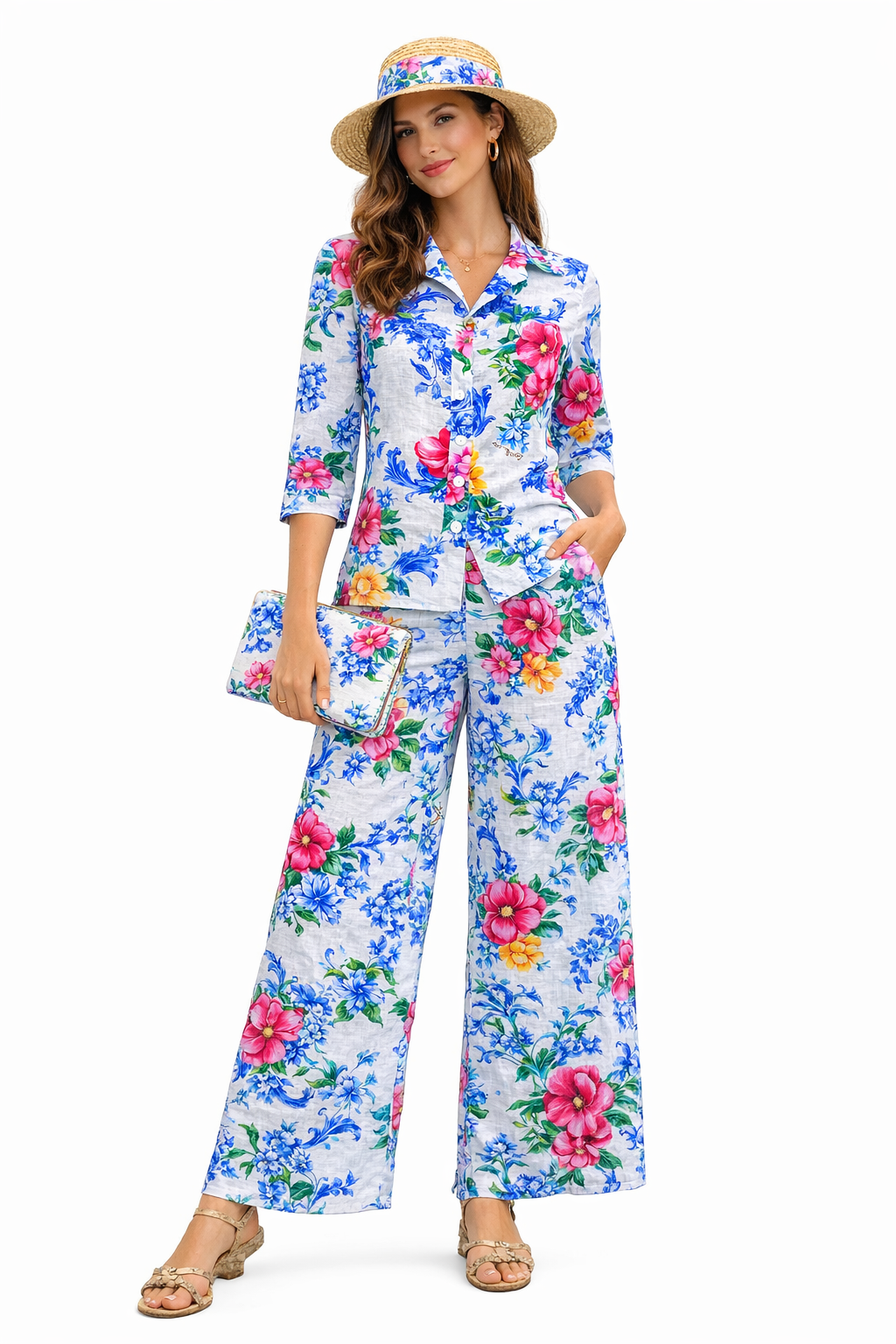 Coordinato pantaloni Maira e camicia Nara in lino stampa Arte