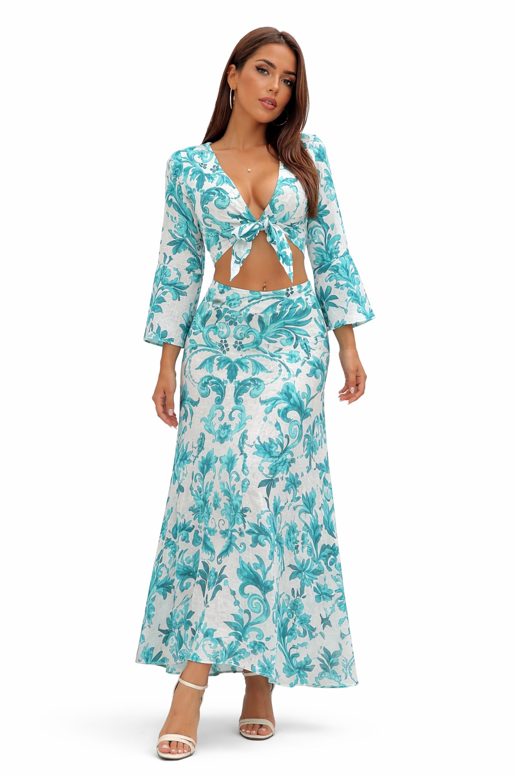 Coordinato top Orione e gonna Esmeralda in lino stampa Ramo verde