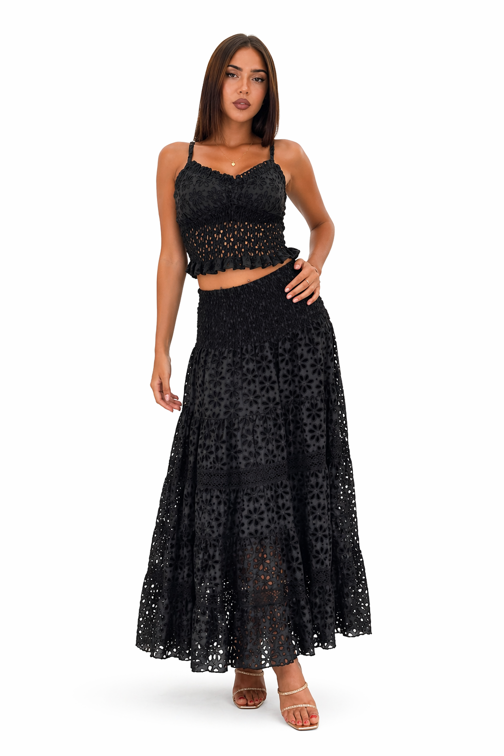 Coordinato in pizzo sangallo nero top Orione e gonna hedy