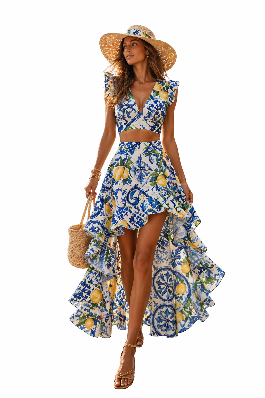 Coordinato gonna Barcellona e top pinacolada in lino stampa limoni nuovo