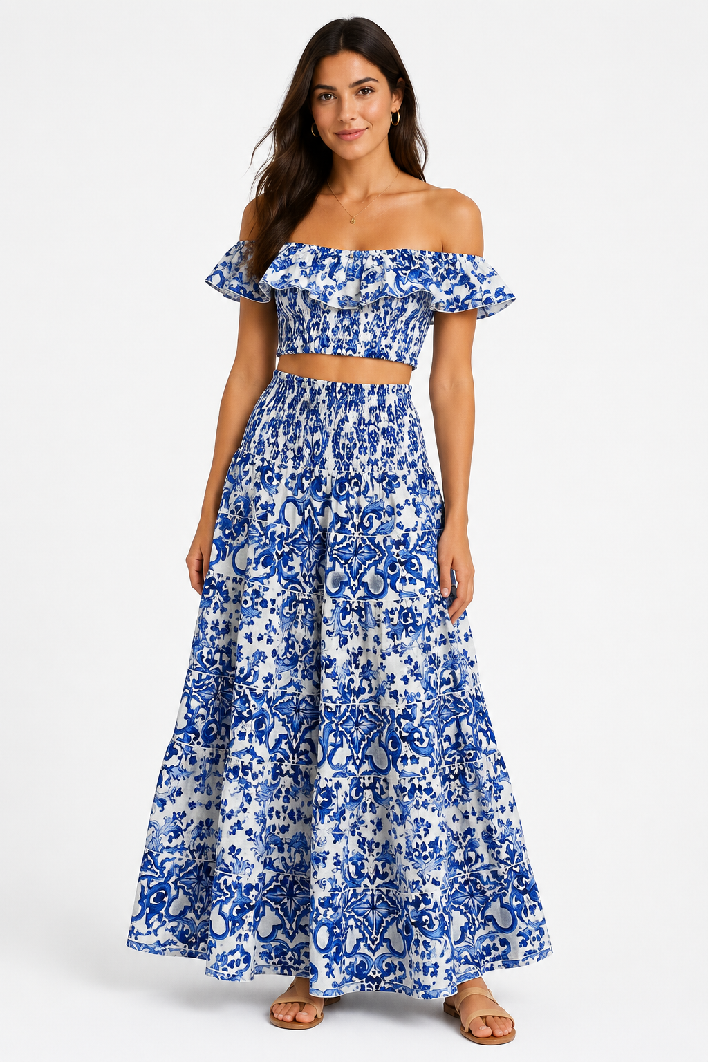 Coordinato top volant e gonna hedy in lino stampa Ravello blu taglia M