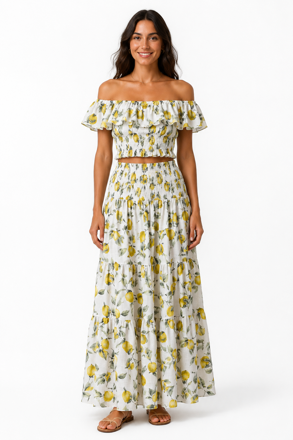 Coordinato top volant e gonna hedy in lino stampa Limone taglia M