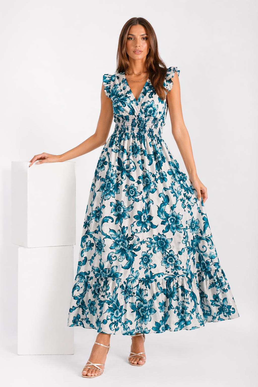 Langes Tucano-Kleid aus Leinen mit grüner Ast-Print