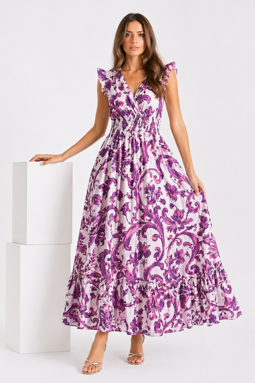 Tucano langes Leinenkleid mit Ravello-Print in Lila