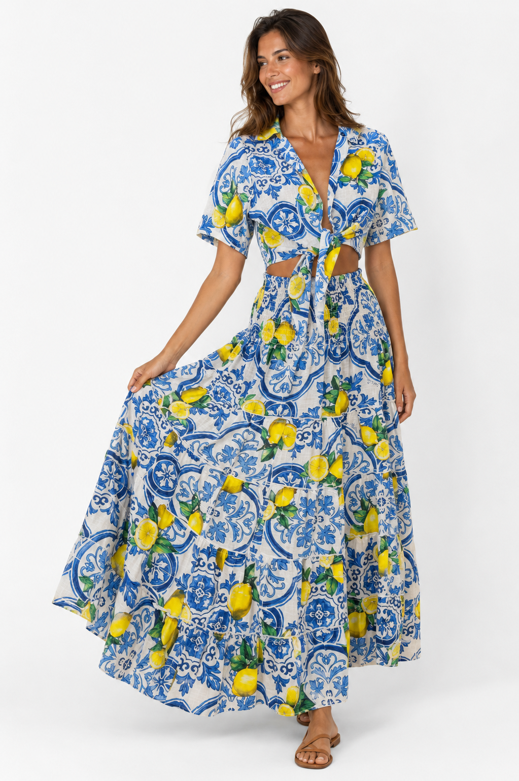 Coordinato in lino top Bali e gonna hedy stampa limone nuovo