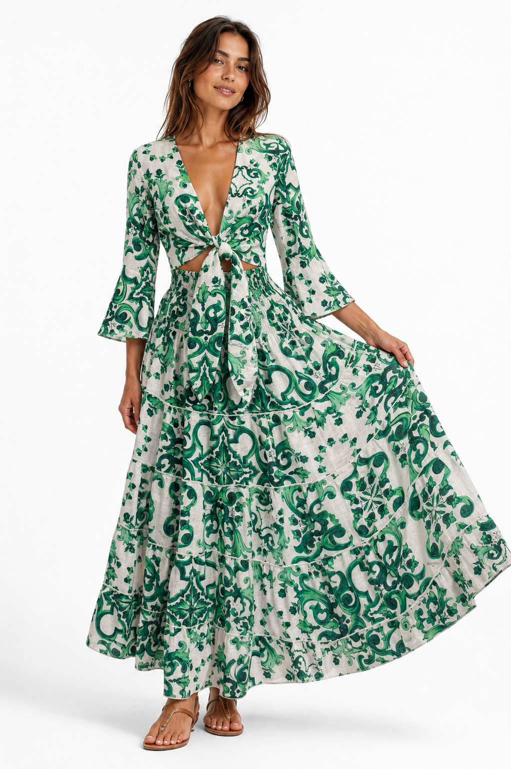 Coordinato in lino top Orione e gonna hedy stampa Ravello verde