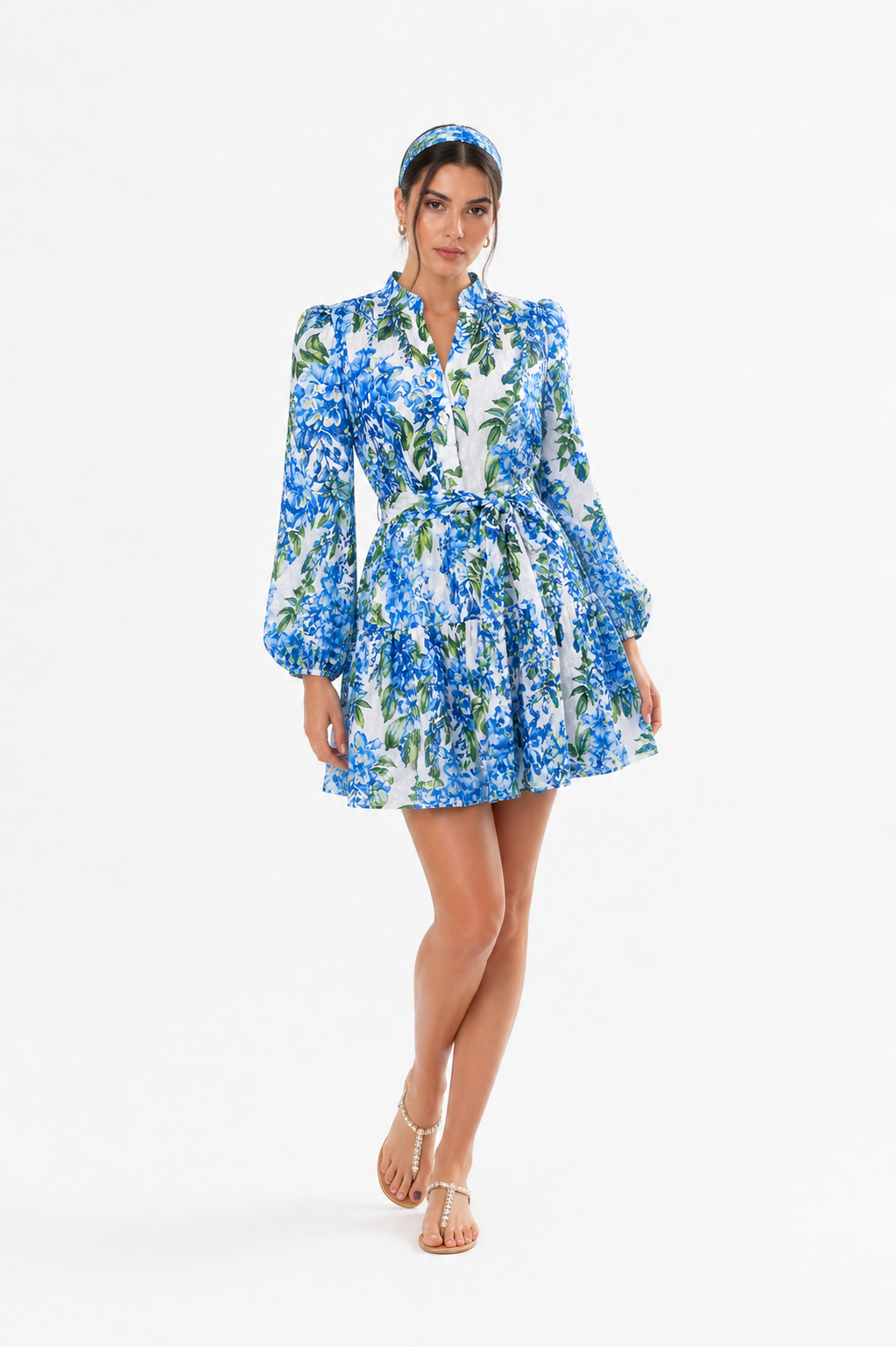 Monaco short linen dress with blue wisteria print