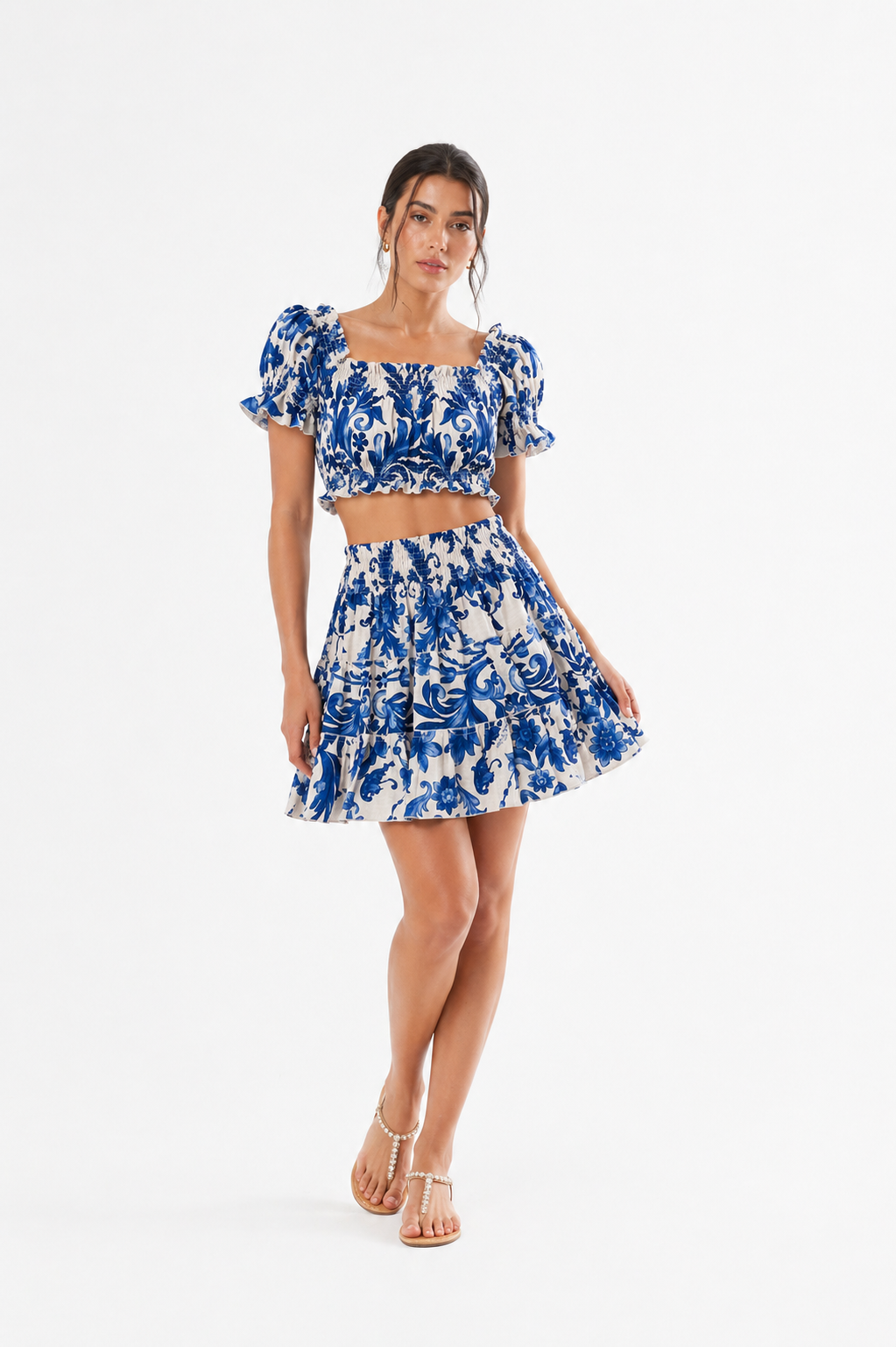 Coordinato top fiocco e gonna Olivia in lino stampa Ramo blu