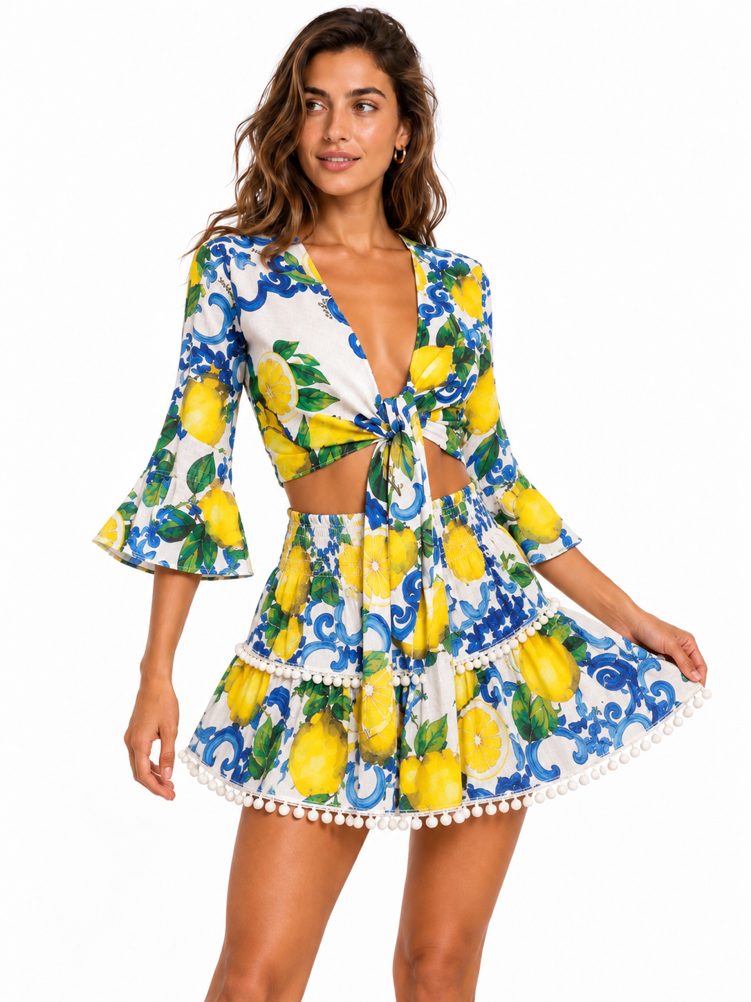 Completo top orione e mini gonna in lino stampa Lime