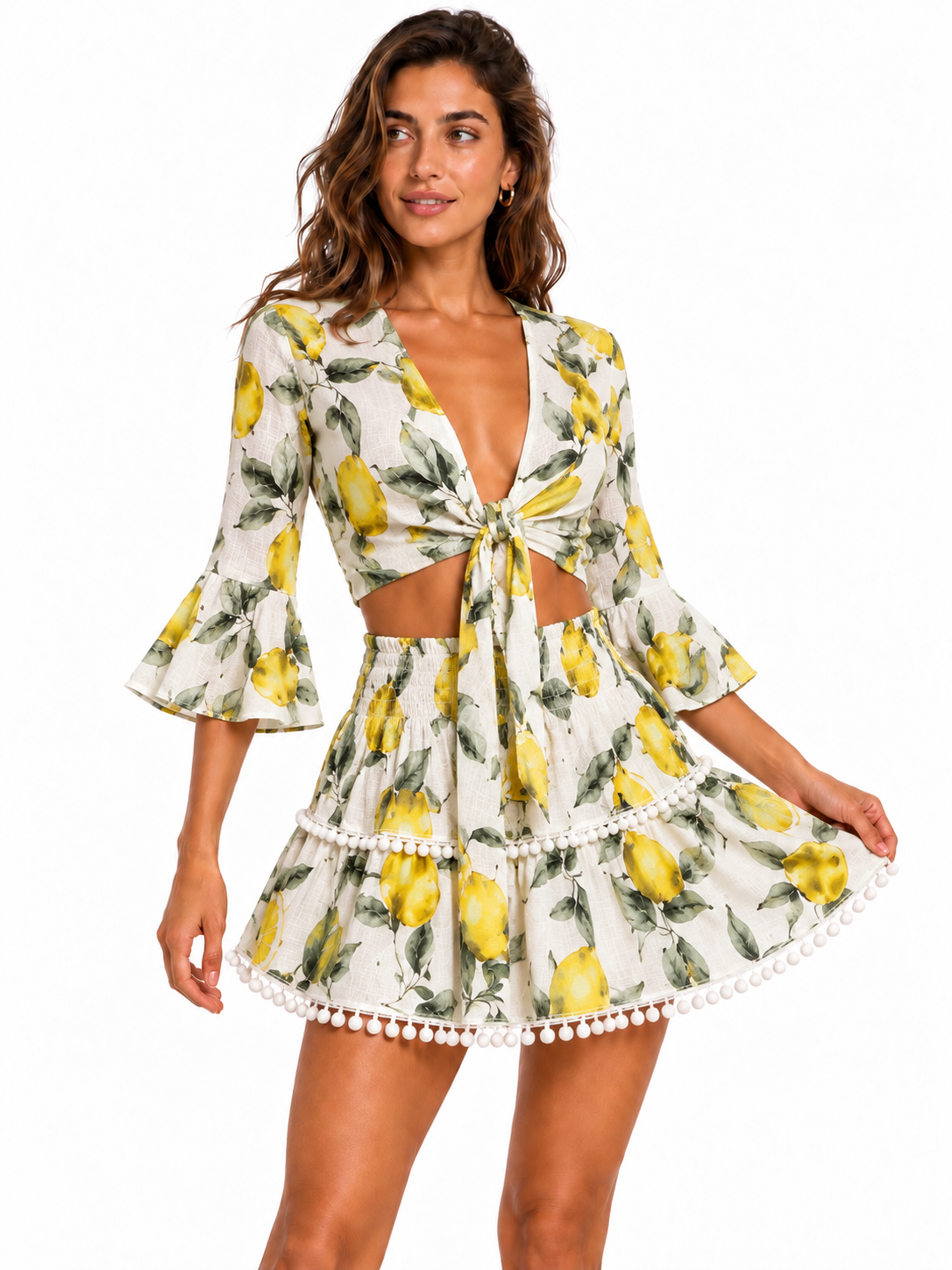 Completo top orione e mini gonna in lino stampa limone