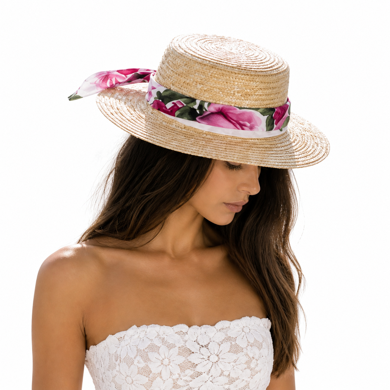 Venetian hat with linen bandana with rose print